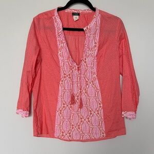 J. Crew Pink and White V-Neck Blouse